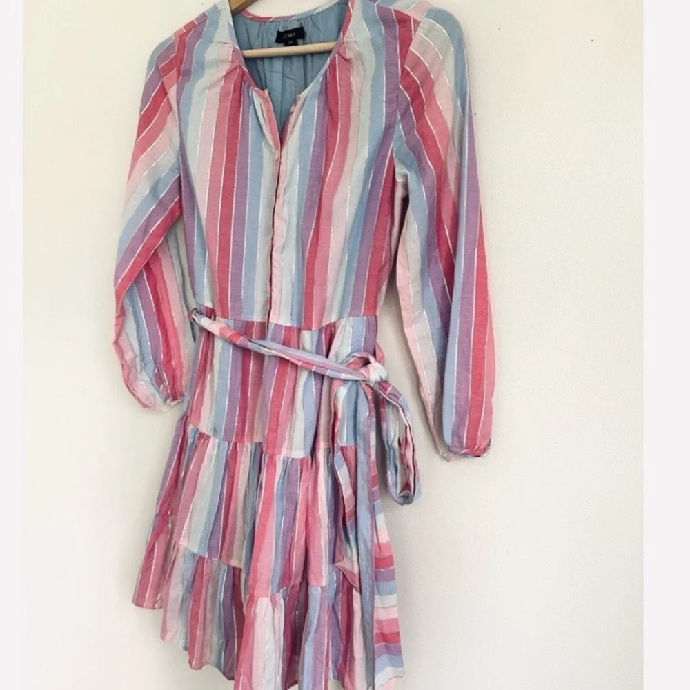 J. Crew Belted Button-Up Dress in Pastel Stripes Pink Blue